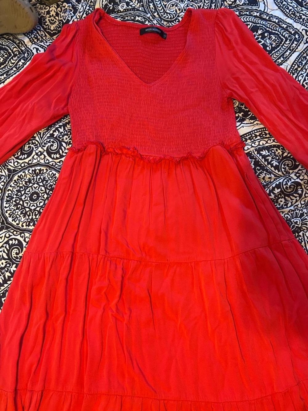 Red V-Neck Tiered Long Sleeve Dress